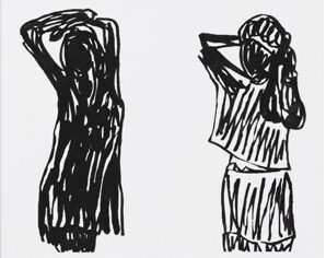 Drawing of two women, or one woman in two different line weights.