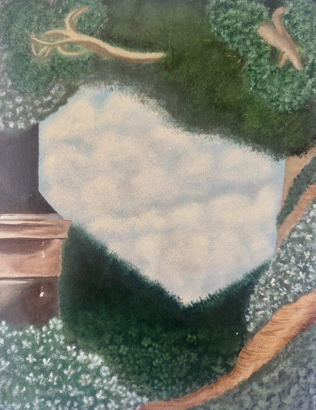 An abstract painting with natural elements. Title is "Portal to the Clouds" by Nancy Bishwakarma.