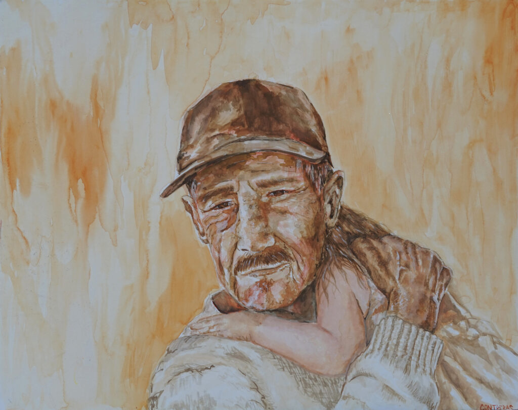 Painting of a weathered man in a baseball cap, hodling a child over his shoulder.