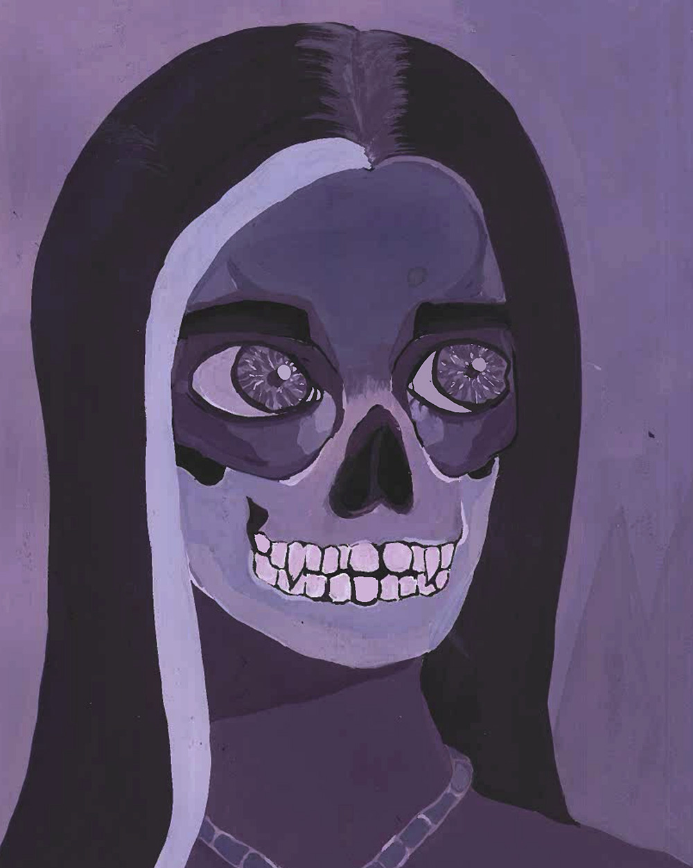 Painting of a "goth" girl in shades of purple, half-skeleton, half-human.