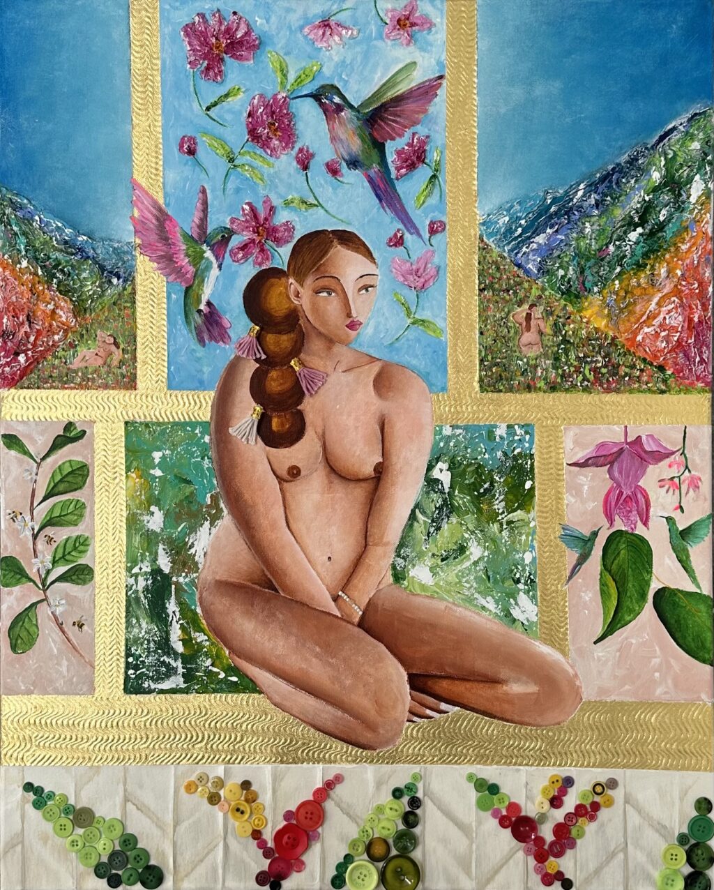 Painting of a nude odalisque in a flowery environment.