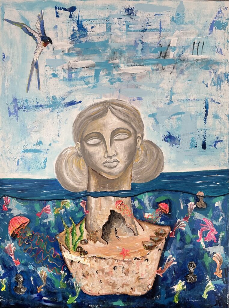 Painting of a female statuary head with the body underwater surrounded by sea creatures.