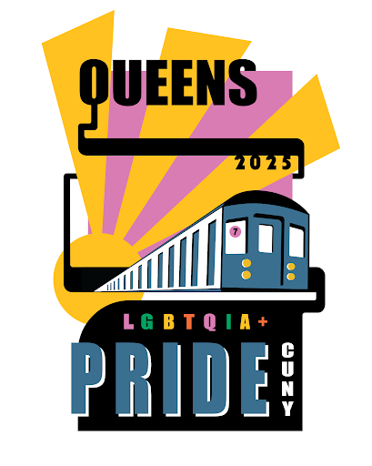 Queens CUNY Pride Logo -- image of a subway train with the letters LGBTQIA+ Pride below