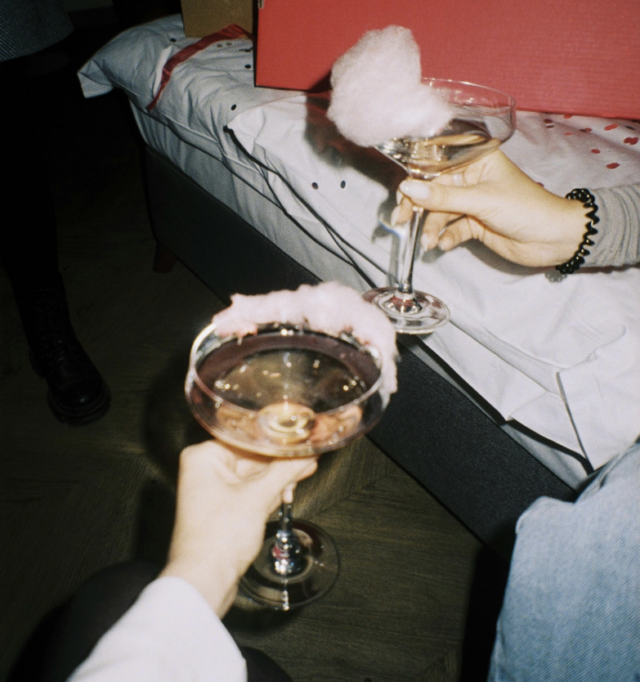 Photograph of two people toasting martini glasses.