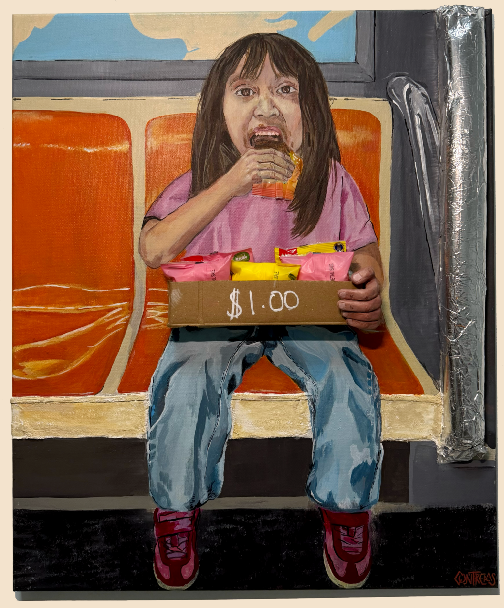 Painting of a girl on a subway seat eating candy she would normally be selling.