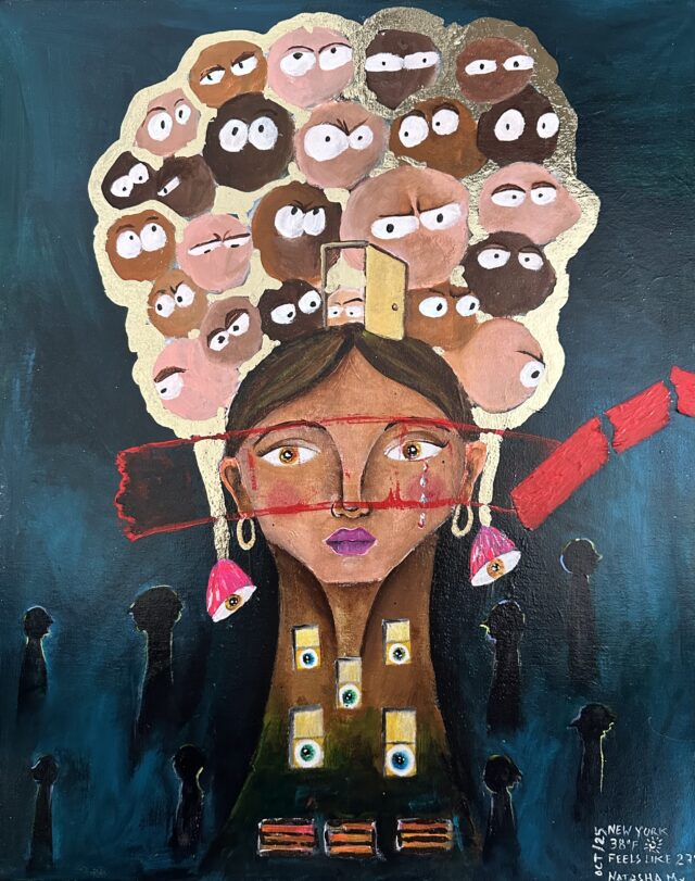 A surreal painting with many cartoon heads coming out of a thought bubble surrounding a more realistic head.