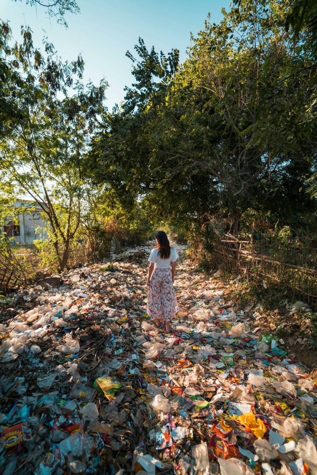 Image of a woman standing in a stream of pollution.
